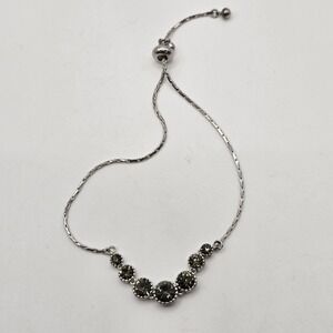 Rhinestone Bracelet Womens Silver Green Graduated Stone Adjustable